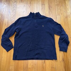 Polo Ralph Lauren Sweater Mens XL Navy Blue Cotton 1/4 Zip Mock Neck Pullover